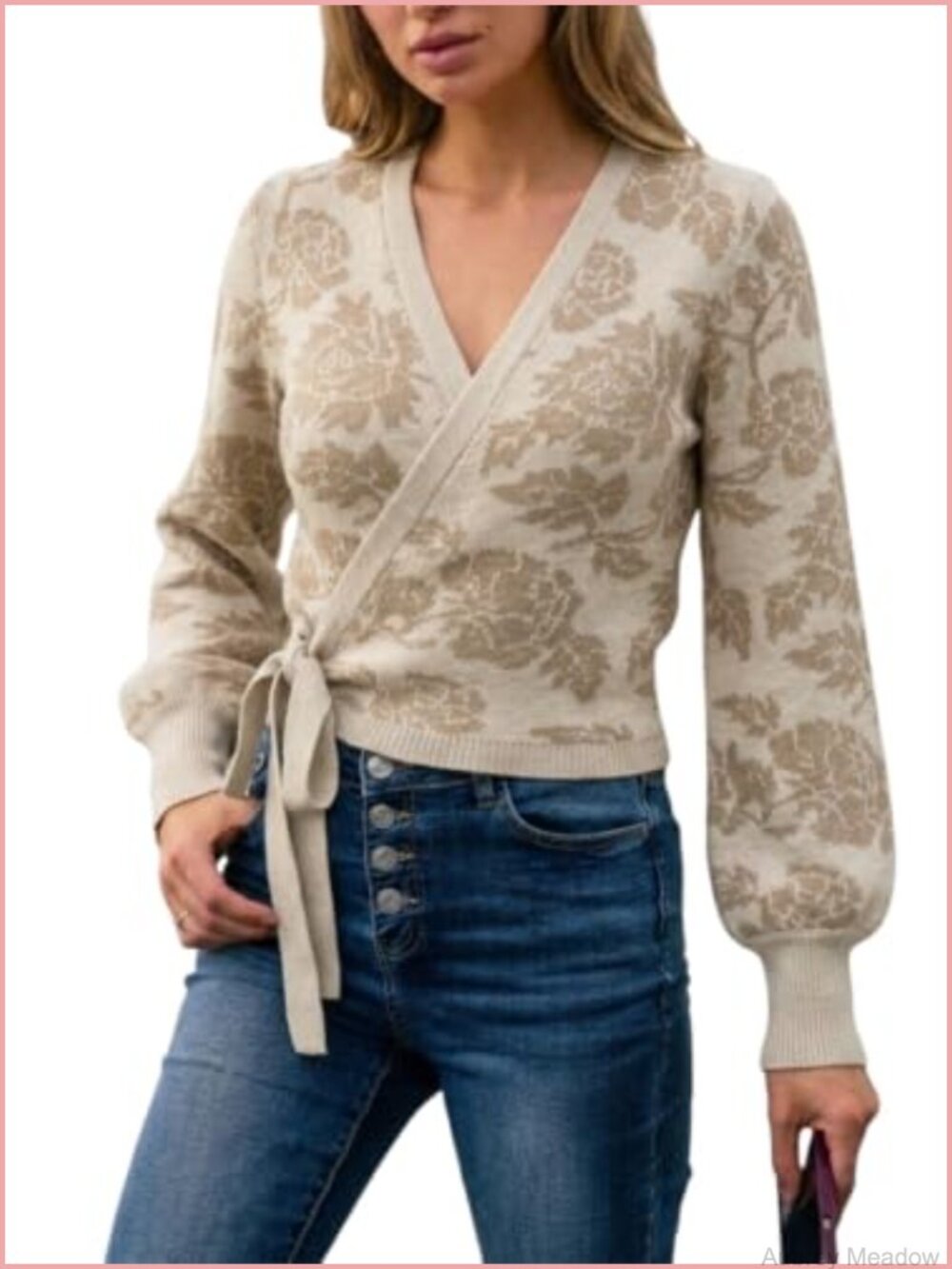 Wrap Sweater Tie Front Cropped Cardigan Lantern Sleeve Knit Top